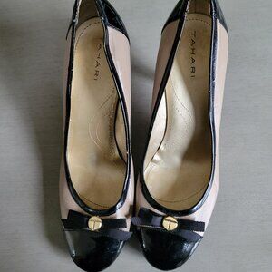 Tahari Beige Leather & Black Patent Leather Ladies Heels, Size 10
